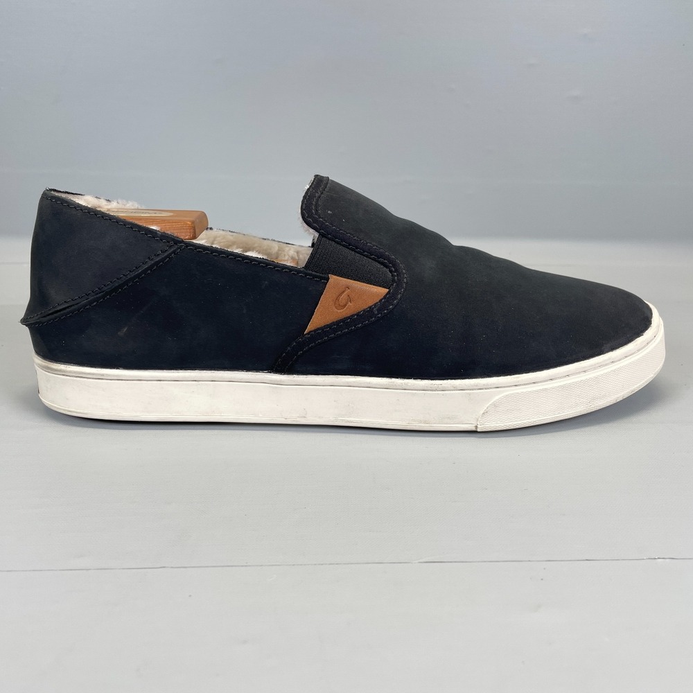 Olukai Pehuea Heu Shoes Womens Size 11 Black Nubuck Shearling Wool Lined Sneaker - Picture 1 of 10
